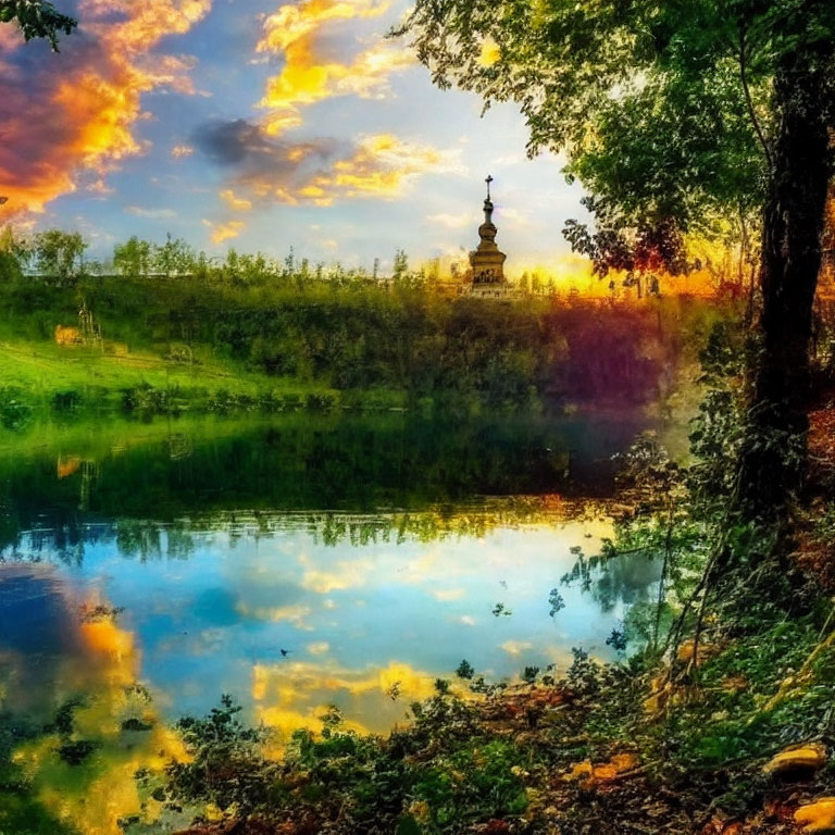 Scenic sunset with orange clouds reflected on calm lake and church spire in distance