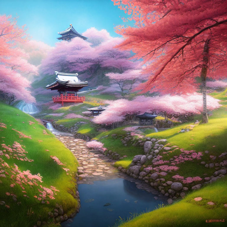 Tranquil Japanese landscape with cherry blossoms, traditional building, stream, and pagoda.