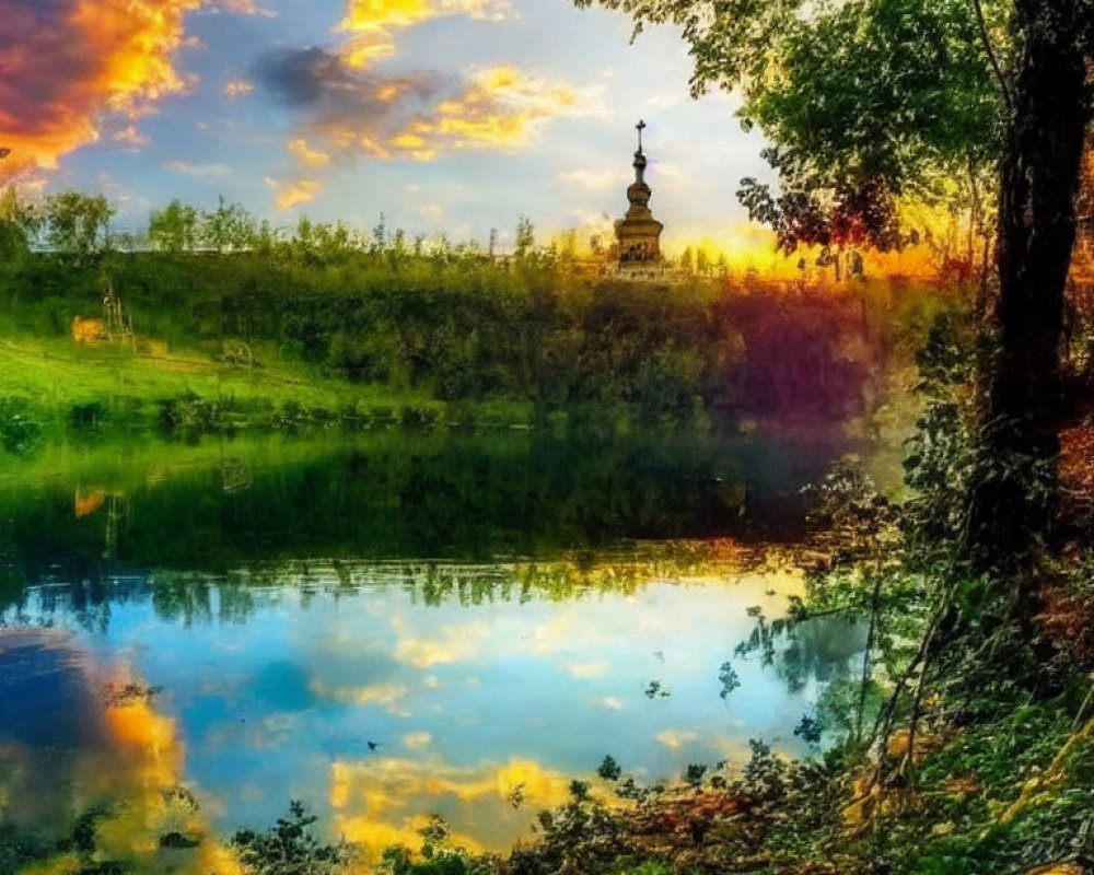 Scenic sunset with orange clouds reflected on calm lake and church spire in distance