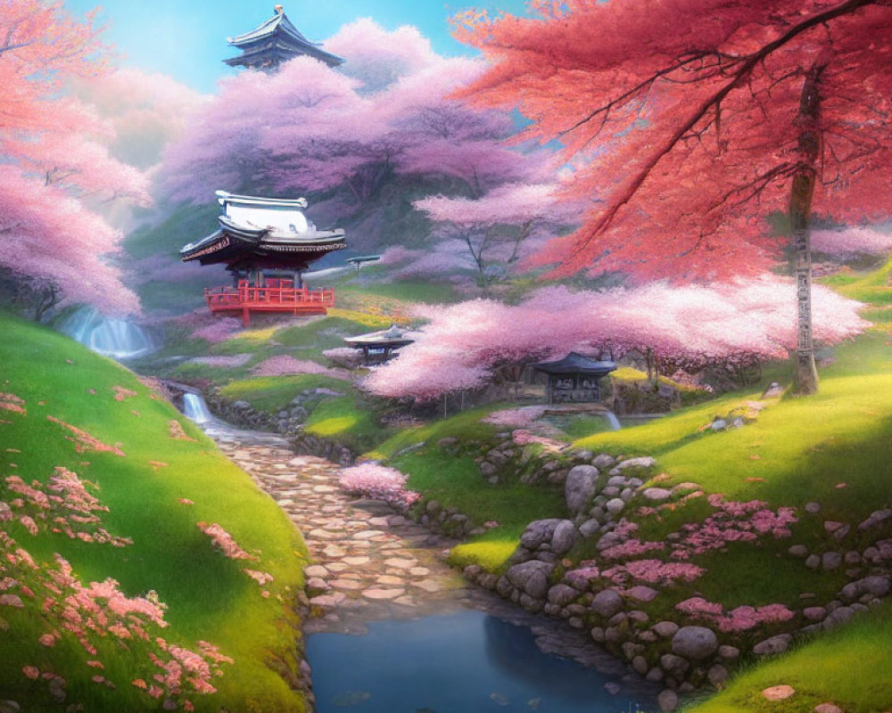 Tranquil Japanese landscape with cherry blossoms, traditional building, stream, and pagoda.