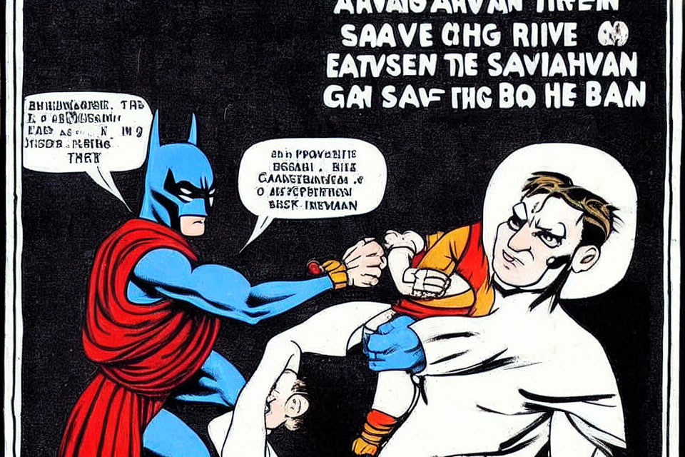 Foreign script speech bubbles in Batman comic panel: Batman slaps confused boy.