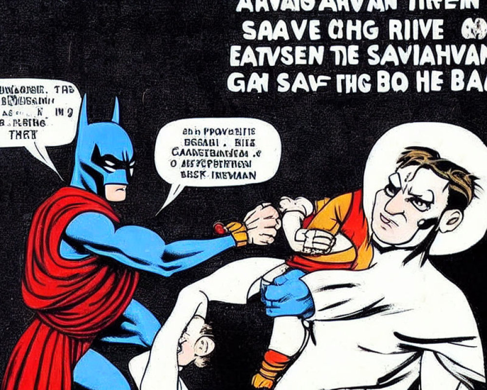 Foreign script speech bubbles in Batman comic panel: Batman slaps confused boy.