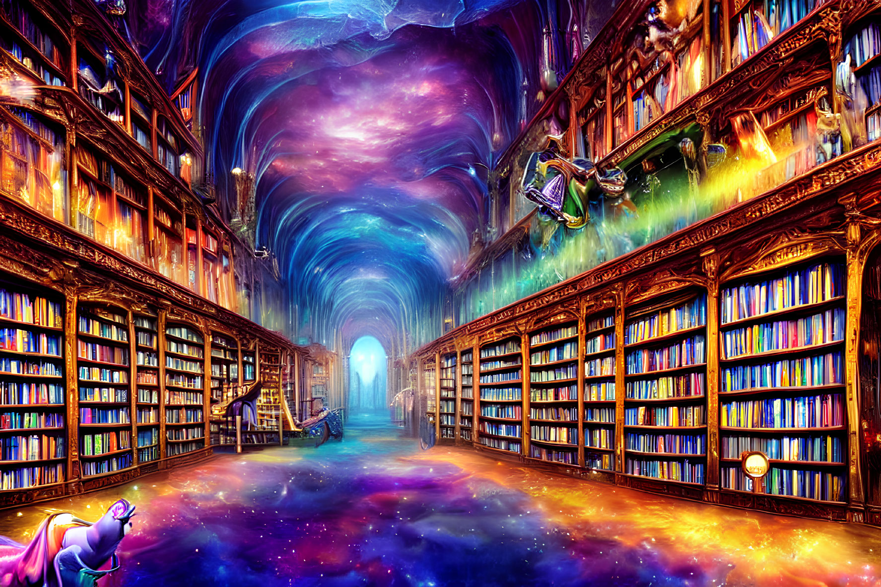 Fantasy Library with Towering Bookshelves and Cosmic Décor