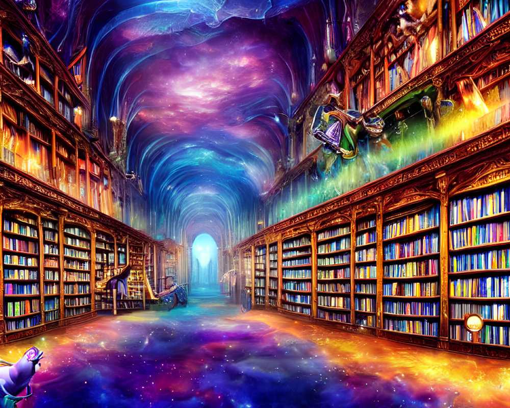 Fantasy Library with Towering Bookshelves and Cosmic Décor