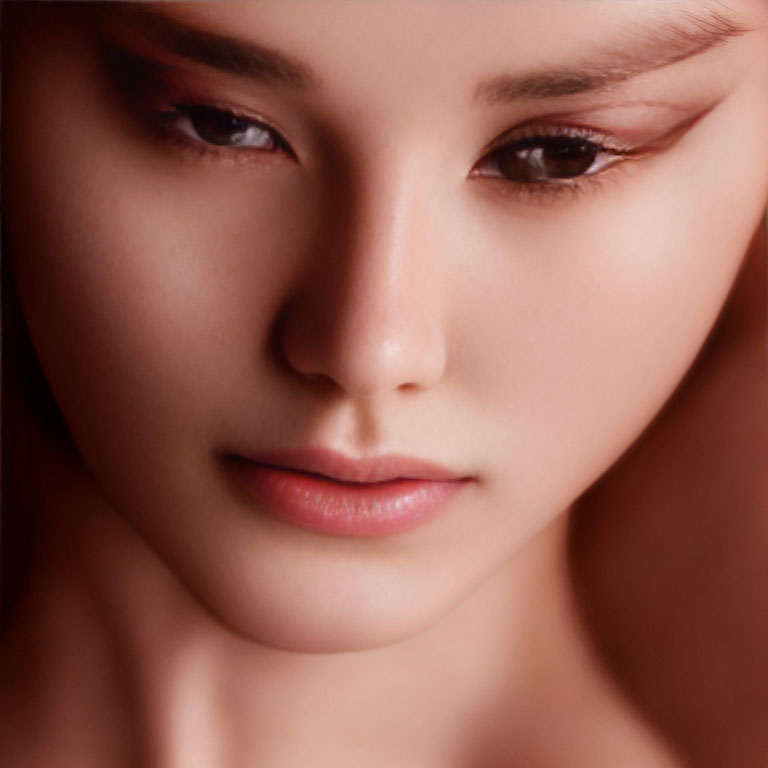 Detailed makeup and soft expression of a woman's face.