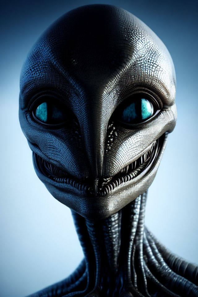 Detailed 3D-rendered alien with slender neck and oversized head