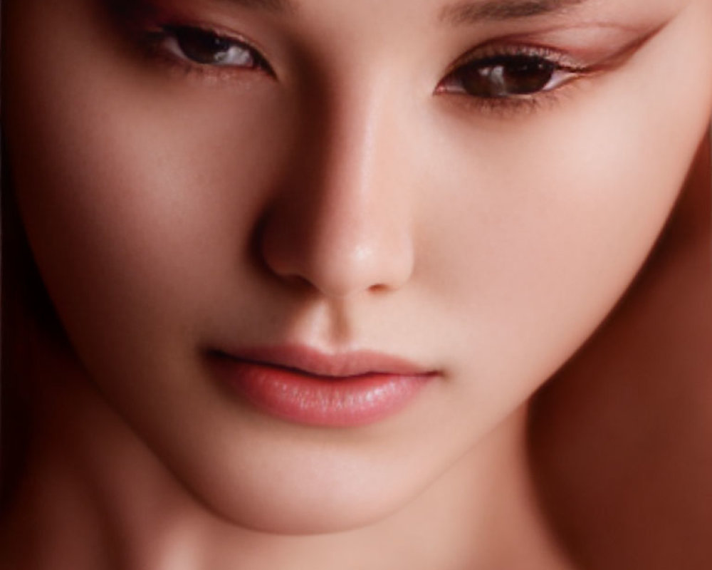 Detailed makeup and soft expression of a woman's face.