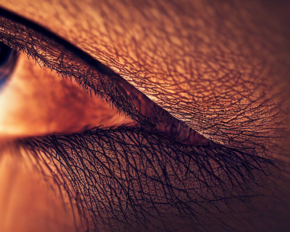 Detailed close-up of human eye with eyelashes, eyebrow, and skin texture in warm lighting