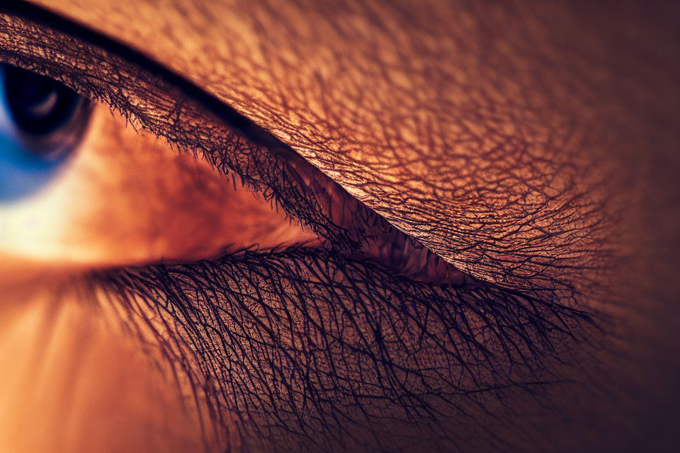 Detailed close-up of human eye with eyelashes, eyebrow, and skin texture in warm lighting