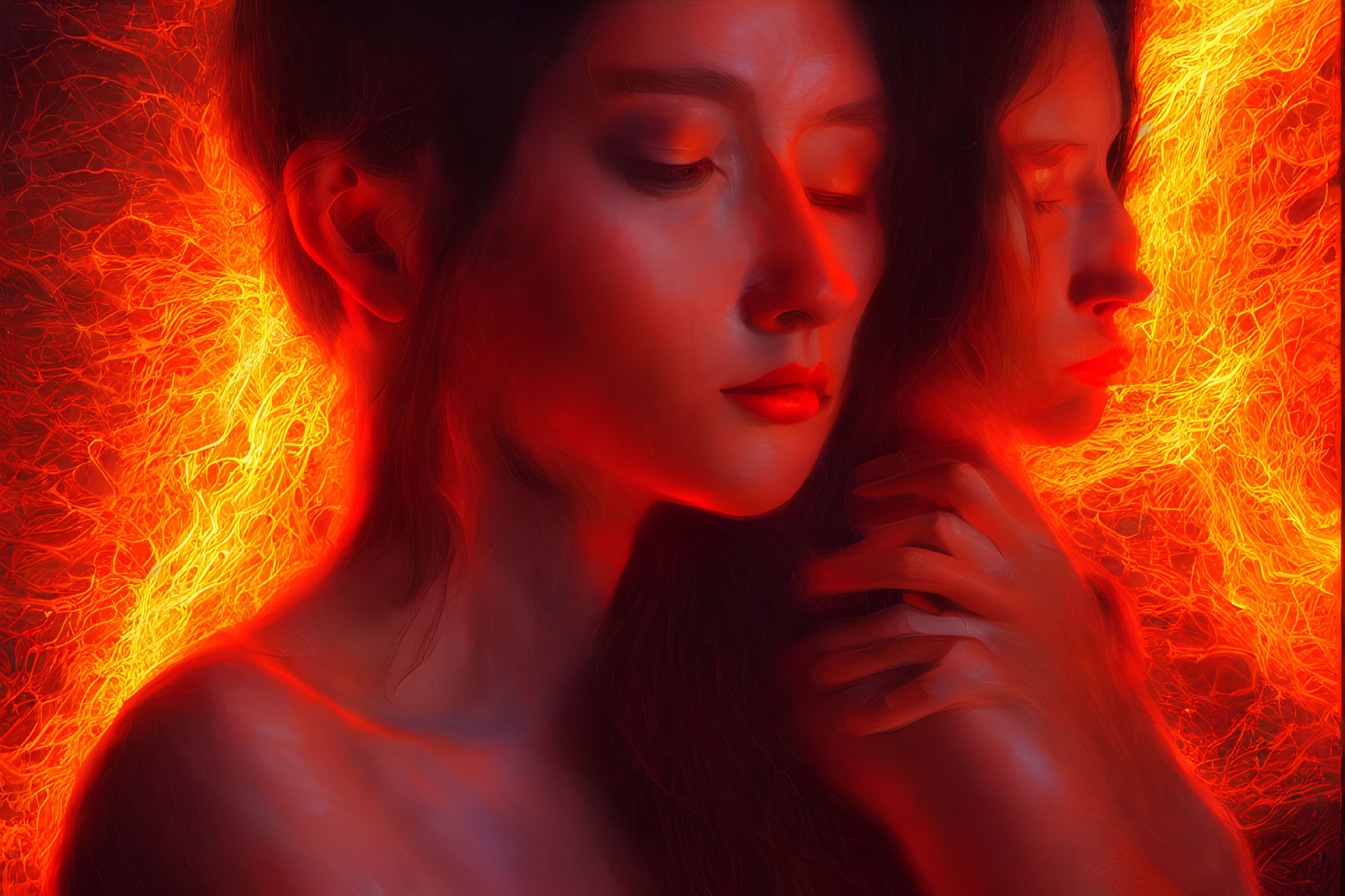 Two women in vibrant red and orange backdrop, one thoughtful, one serene