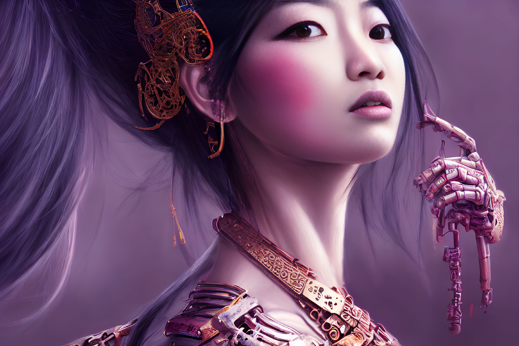 Digital Artwork: Asian Woman with Mechanical Arm and Ornate Armor on Purple Background