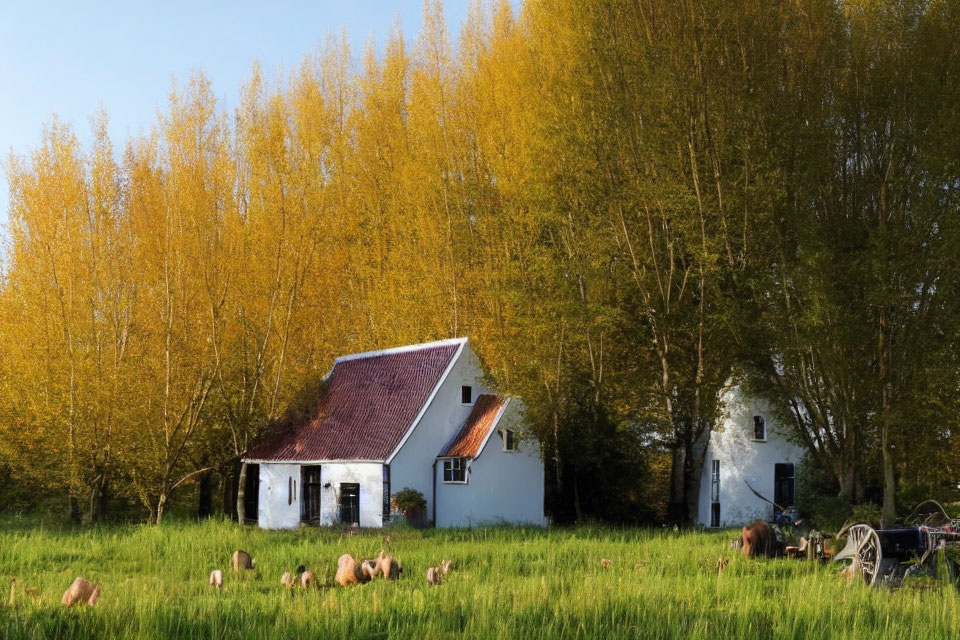 Rustic white house, old barn, chickens, vintage farm equipment in rural scene