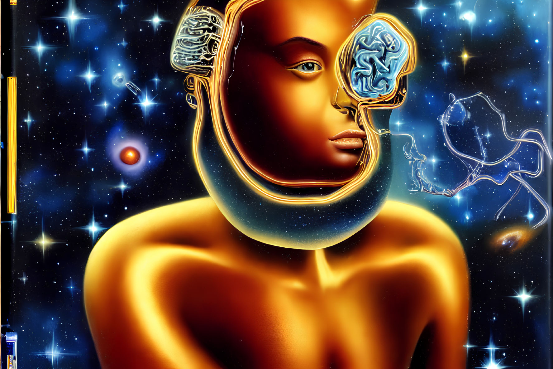 Golden humanoid with exposed brain in cosmic setting radiates sci-fi mystery