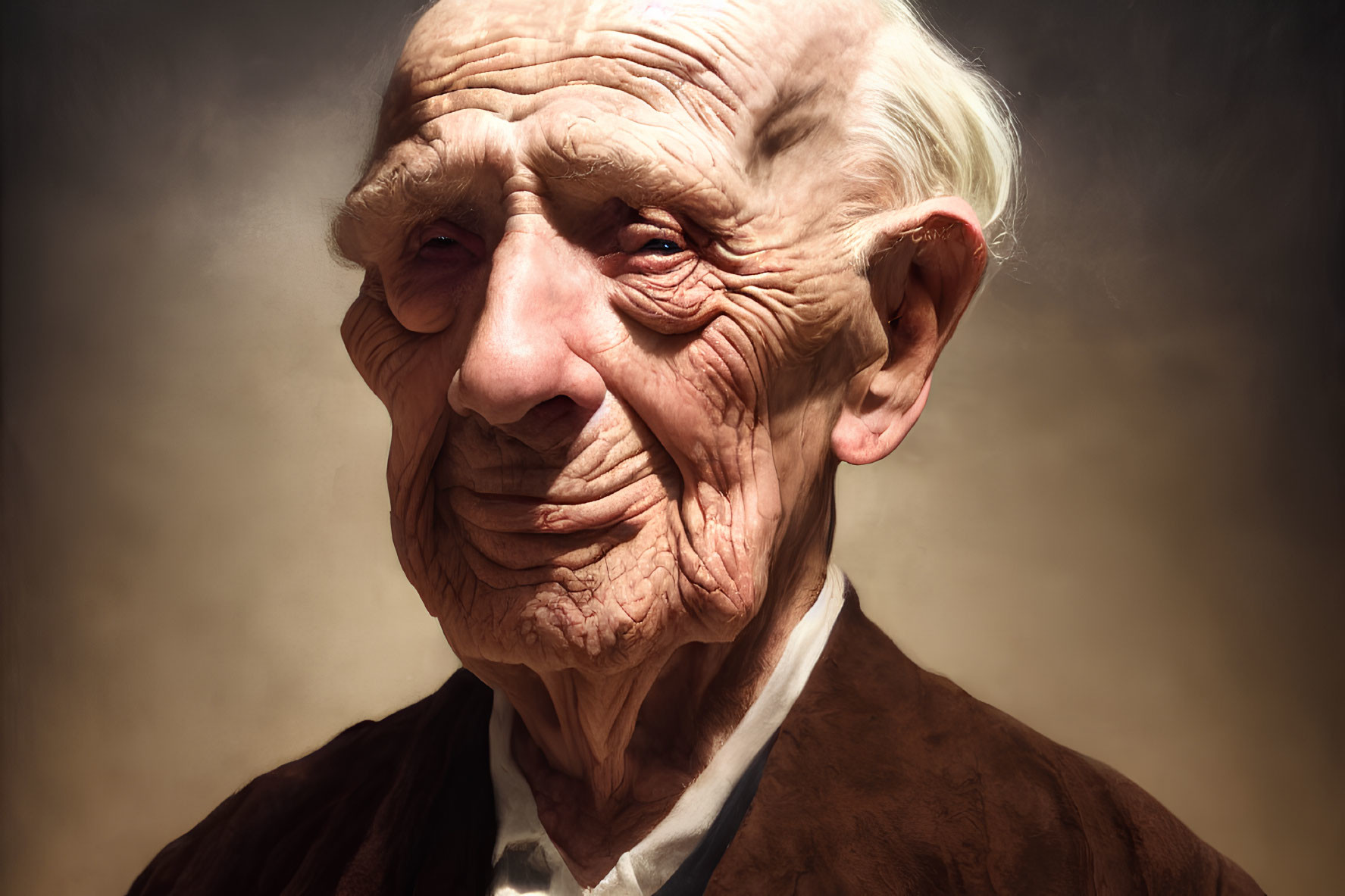 Elderly man with deep wrinkles in brown jacket on warm backdrop