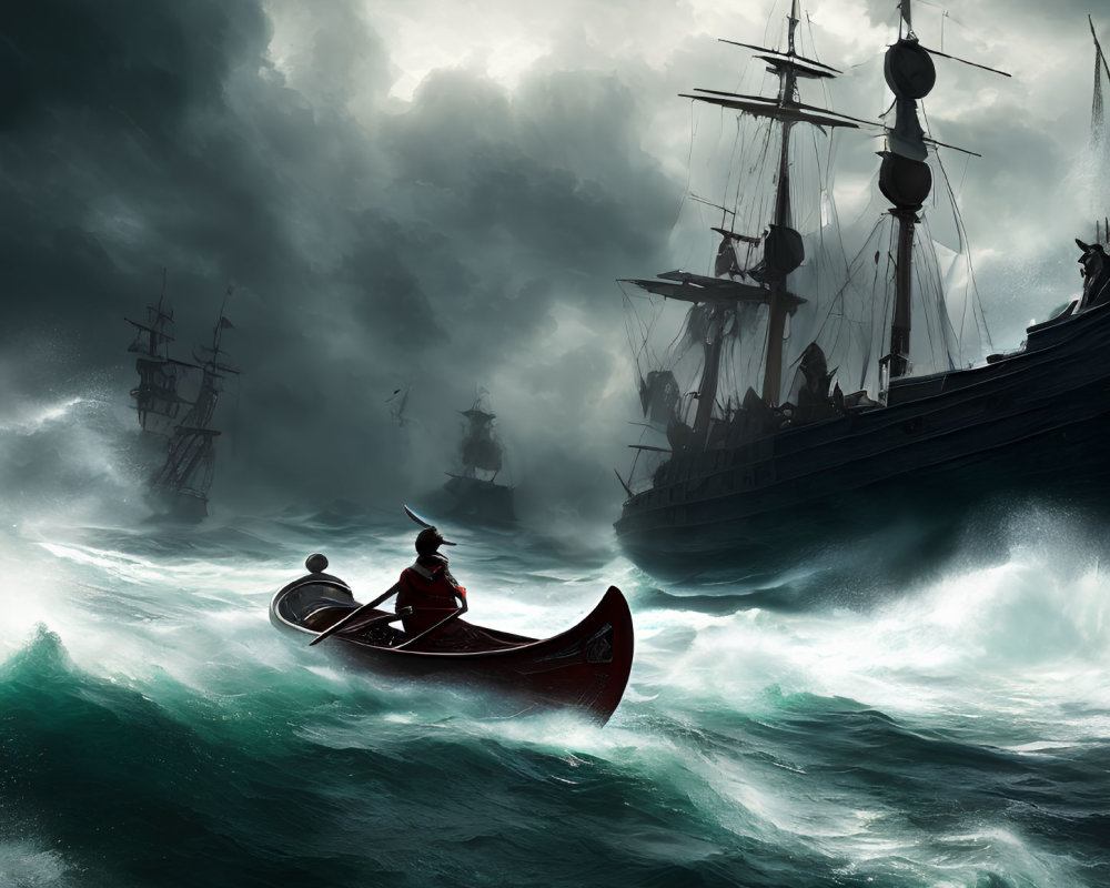 Rowboat with two occupants in stormy seas with tall ships in background