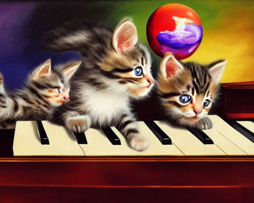 Three playful kittens on piano keys with surreal background.