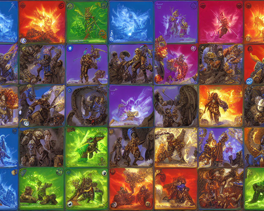 Illustrated Fantasy Creature Cards with Color-Coded Backgrounds