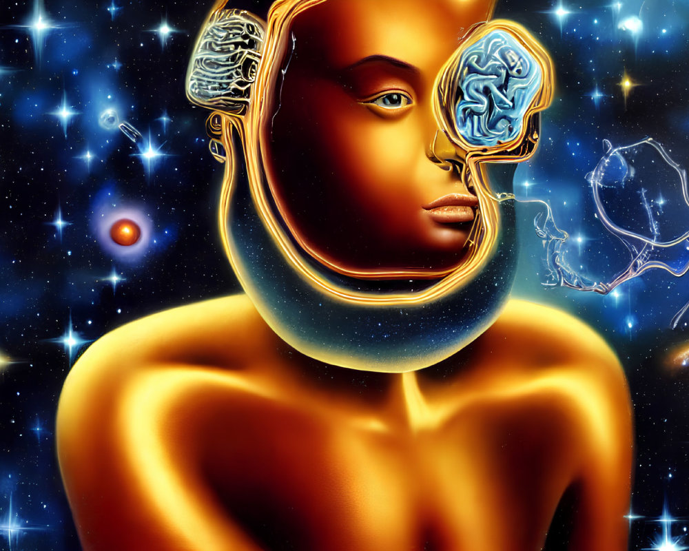 Golden humanoid with exposed brain in cosmic setting radiates sci-fi mystery