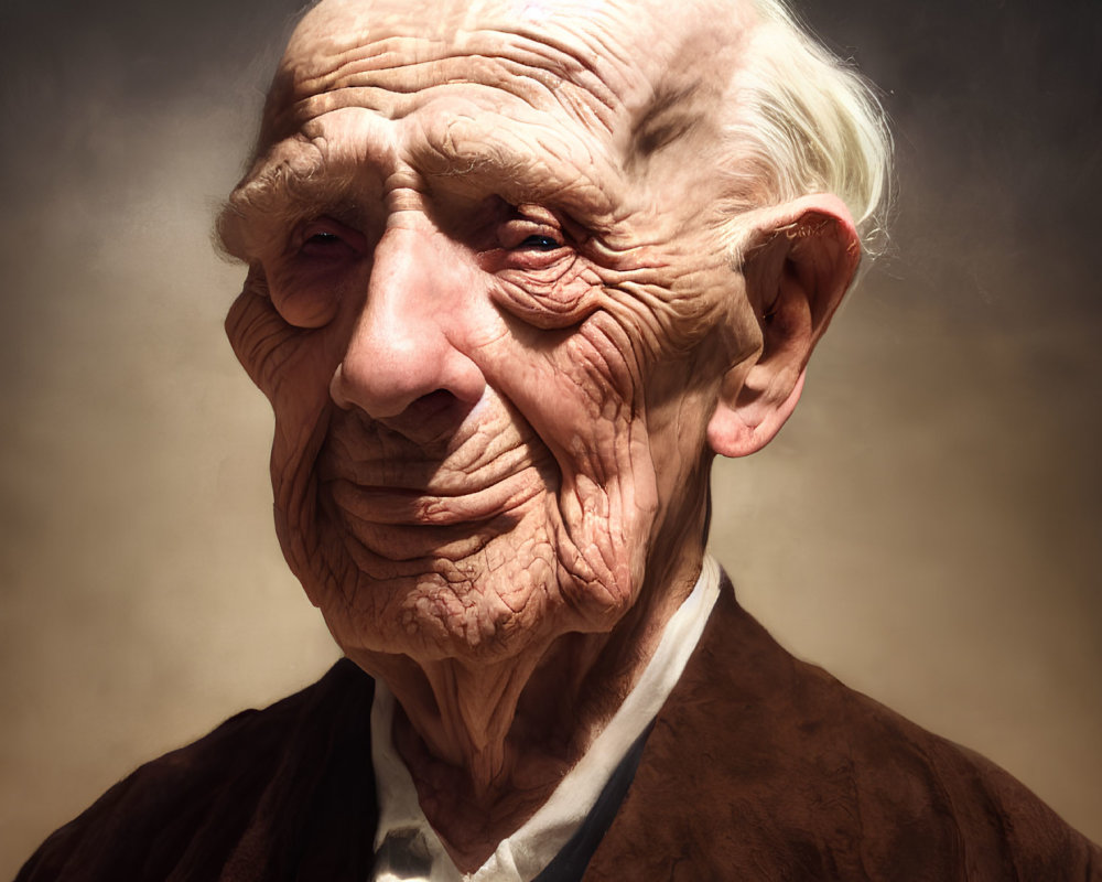 Elderly man with deep wrinkles in brown jacket on warm backdrop