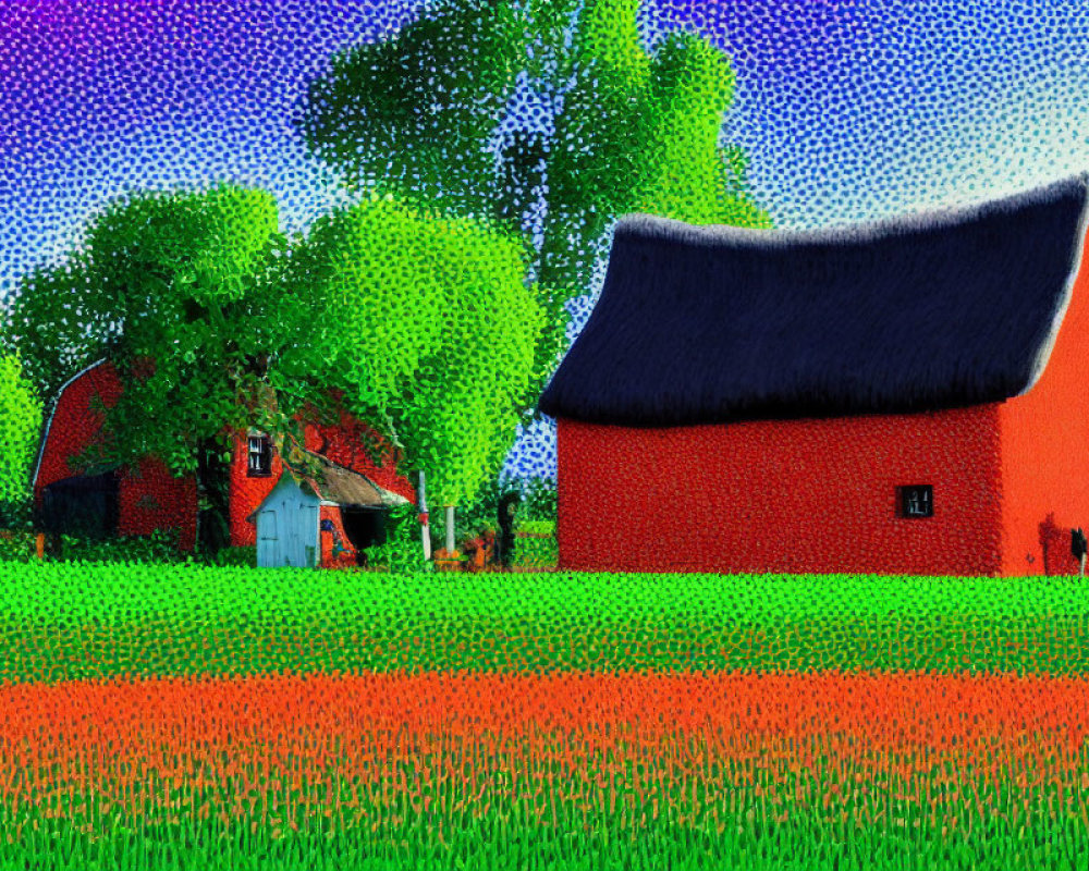 Pixelated red house with thatched roof in green landscape.