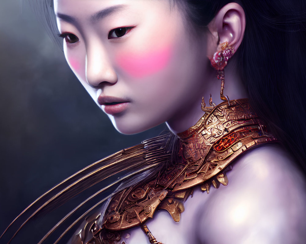 Detailed digital artwork of woman in ornate armor with red cheek makeup and intricate earring against dark background