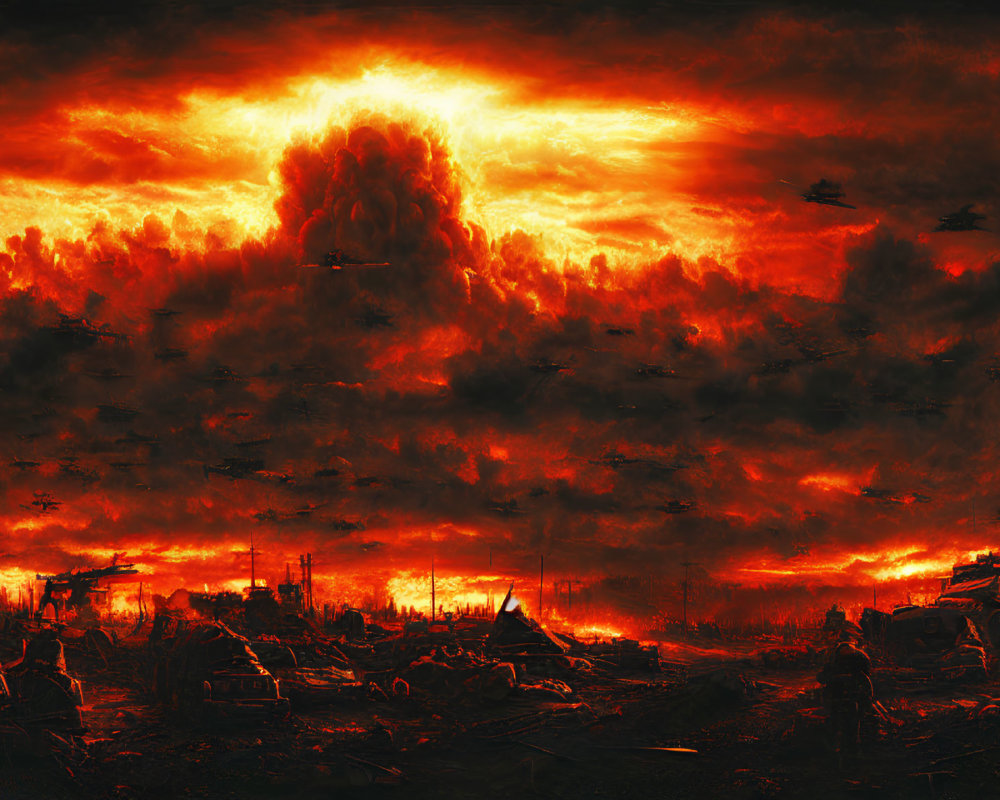 Dystopian scene with fiery sky, mushroom cloud, military aircraft, tanks, and ruins