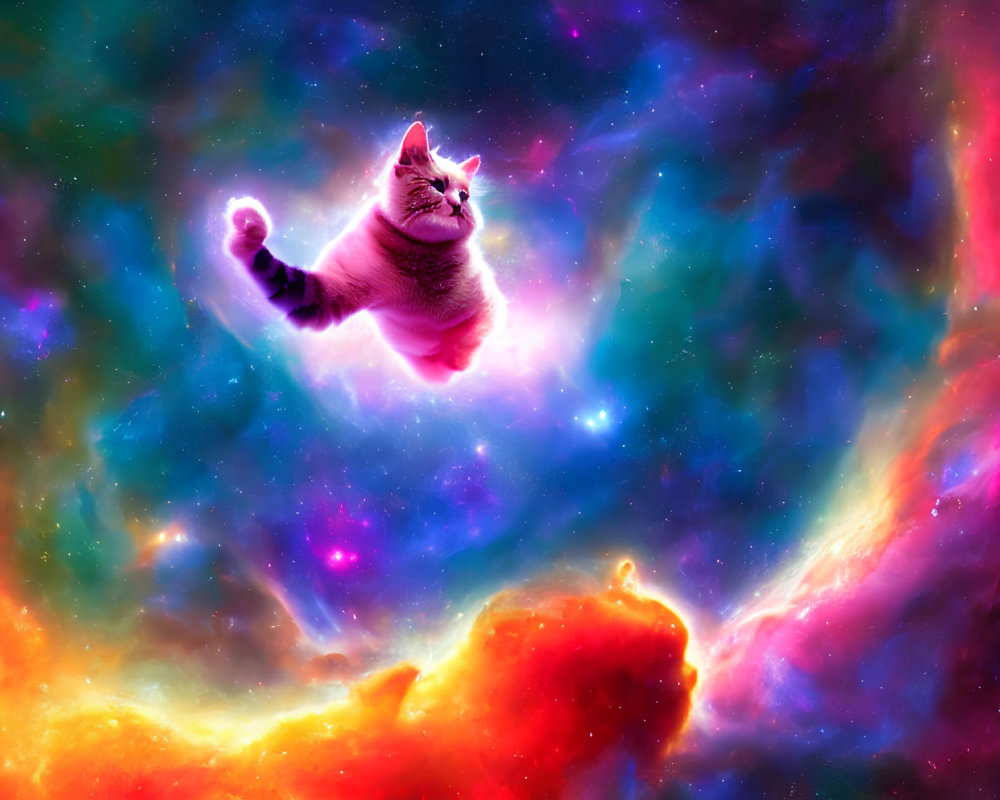 Tabby cat floating in colorful nebula with sparkling stars