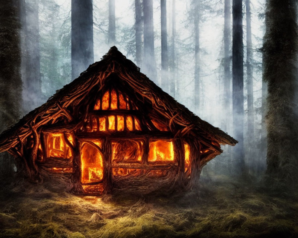 Rustic wooden cabin in misty forest with warm lighting