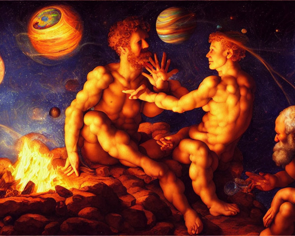 Muscular Men in Mythical Dialogue by Cosmic Fire