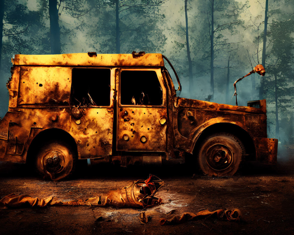 Rusted Truck in Foggy Forest with Robot Parts: Post-Apocalyptic Setting