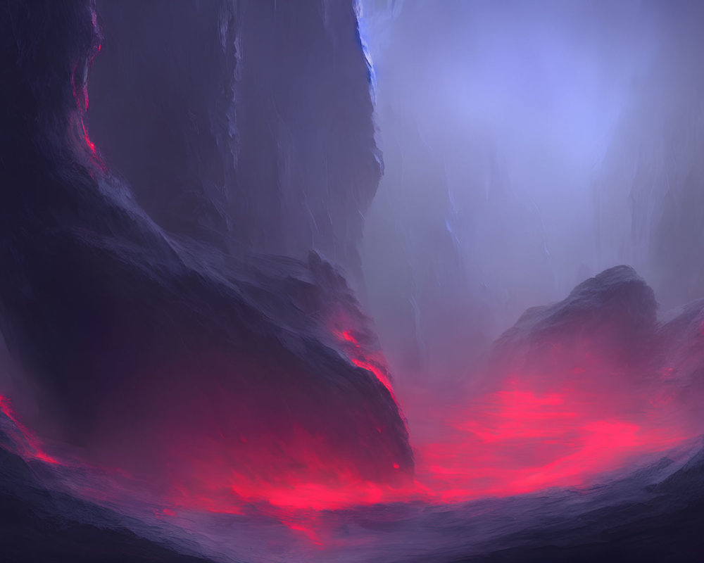 Mystical cavern with eerie red light and towering rock formations