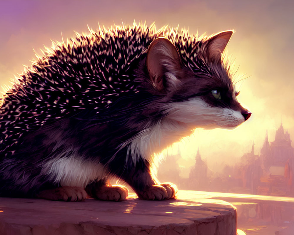 Fantasy cat-hedgehog creature in purple castle landscape