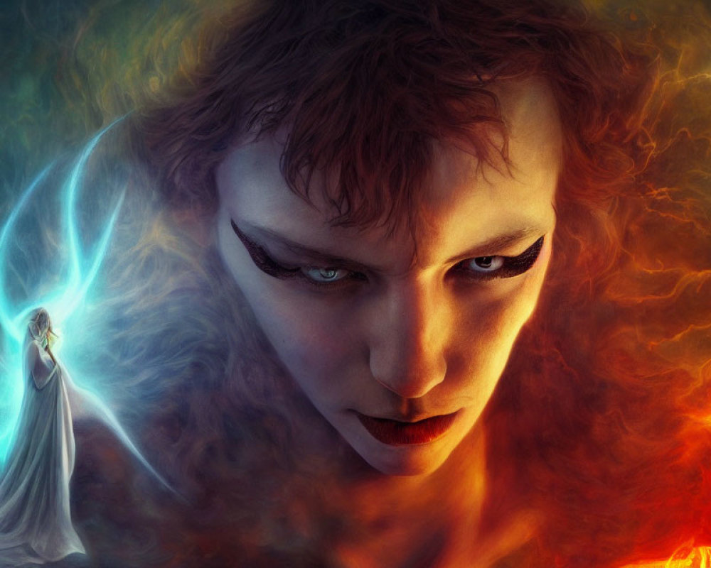 Digital artwork of woman split between fire and ice with small figure in white