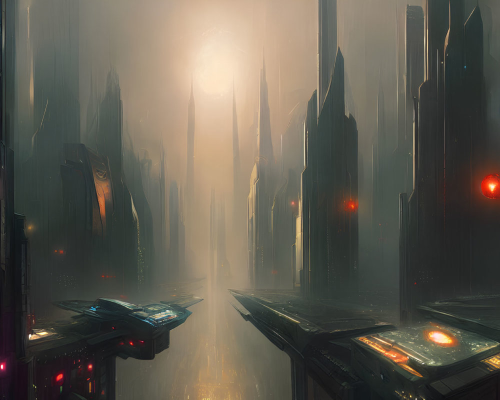 Futuristic cityscape with skyscrapers, lights, and flying vehicles