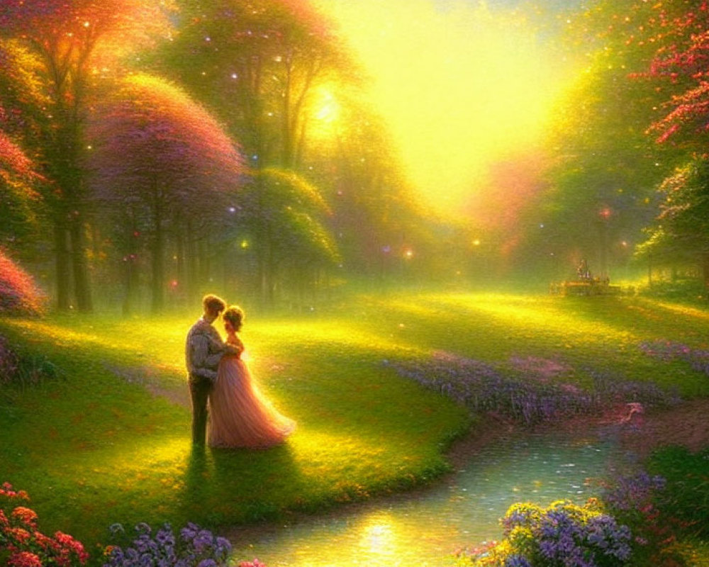 Couple Embraces in Vibrant, Magical Forest with Luminous Trees