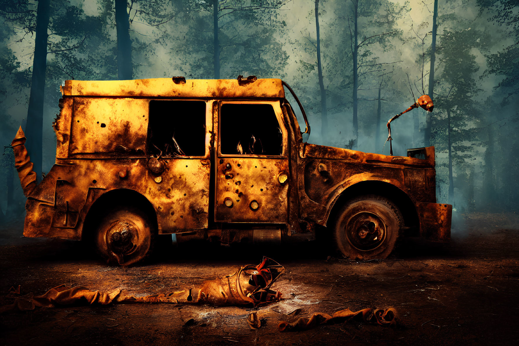 Rusted Truck in Foggy Forest with Robot Parts: Post-Apocalyptic Setting