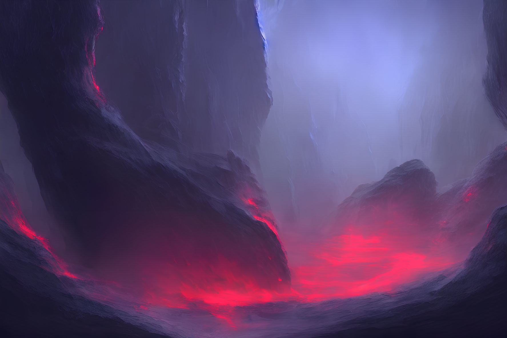 Mystical cavern with eerie red light and towering rock formations