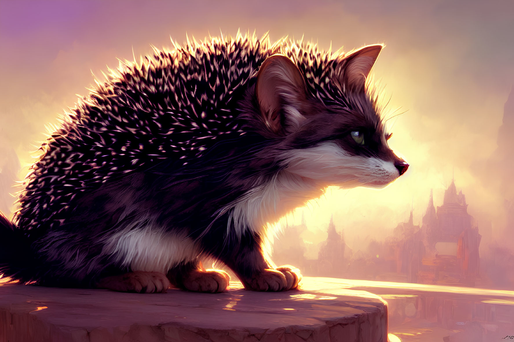 Fantasy cat-hedgehog creature in purple castle landscape