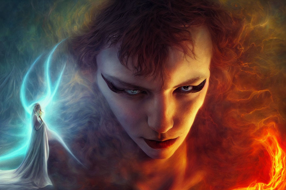 Digital artwork of woman split between fire and ice with small figure in white