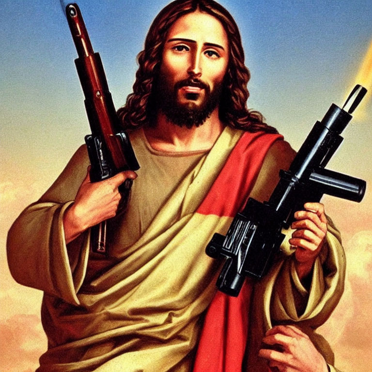 Figure with halo holding modern firearms in artwork