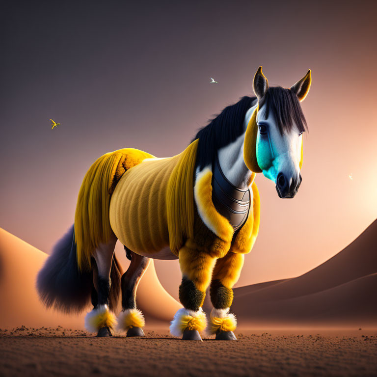 Vibrant yellow and black striped horse in desert setting with flying birds