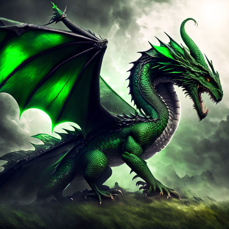 Majestic green dragon with expansive wings in mystical landscape