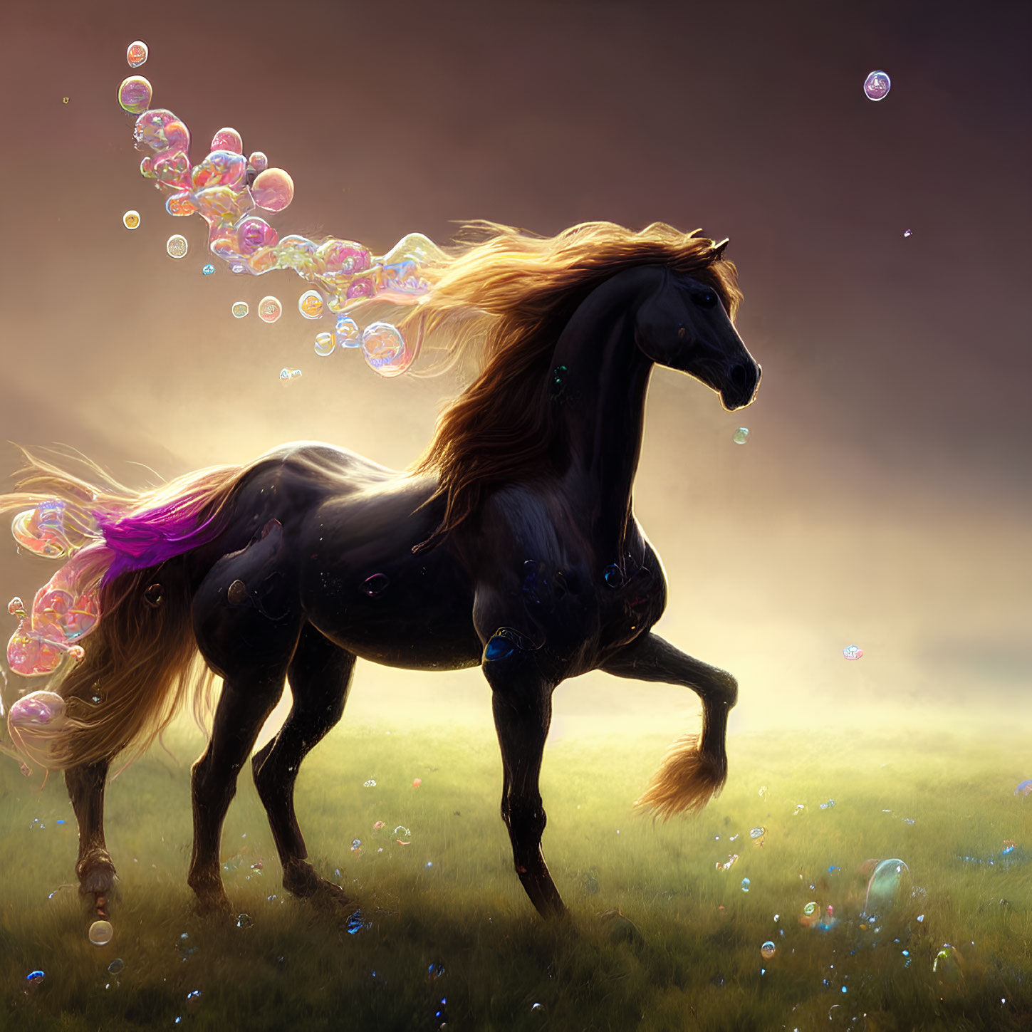 Majestic black horse galloping in sunset bubbles