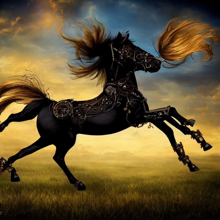 Majestic black horse galloping in grassy field at sunset