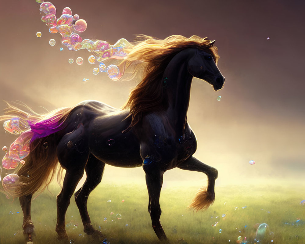 Majestic black horse galloping in sunset bubbles