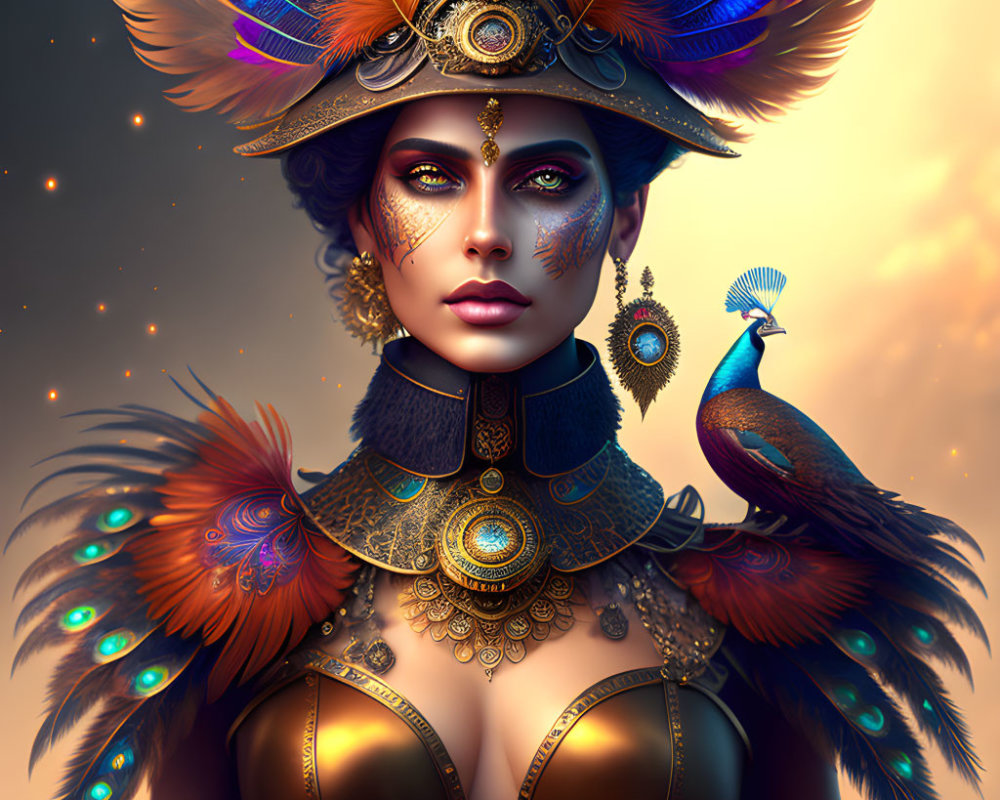 Regal Woman with Peacock Feather Adornments and Golden Headdress