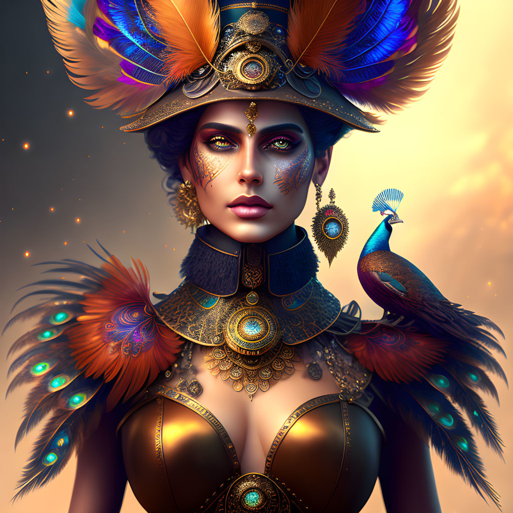 Regal Woman with Peacock Feather Adornments and Golden Headdress