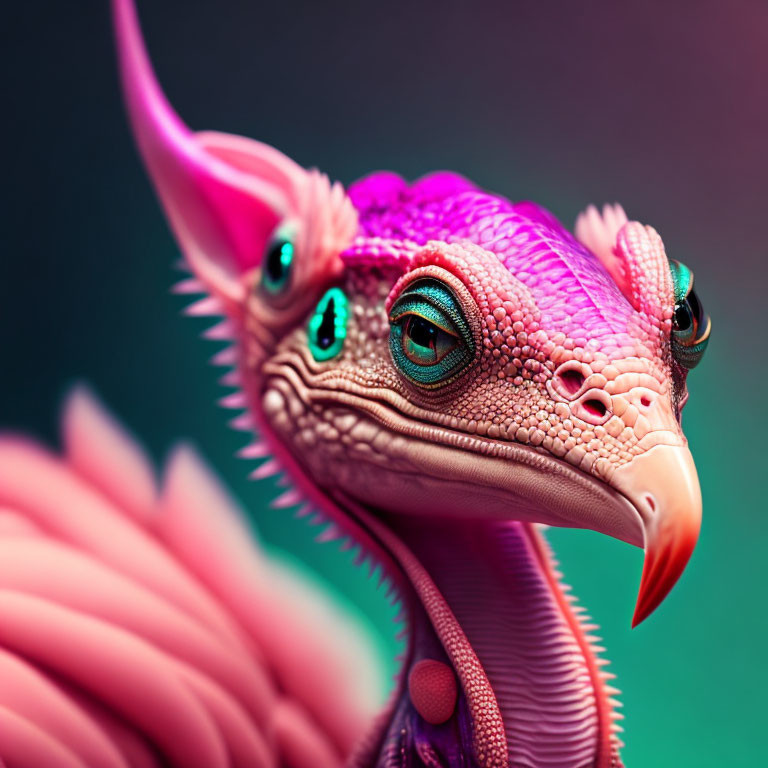 Vibrant pink fantasy creature with green eyes and intricate scales.