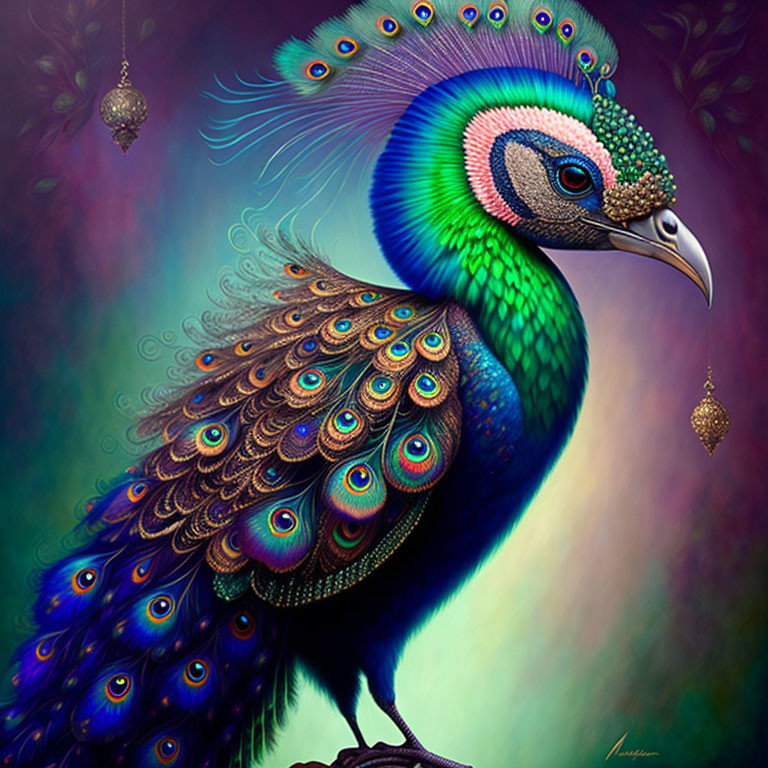 Colorful Peacock Illustration with Detailed Plumage and Ornate Baubles