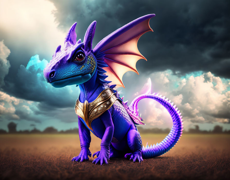 Colorful digital illustration of blue dragon with purple wings and gold armor in dramatic sky